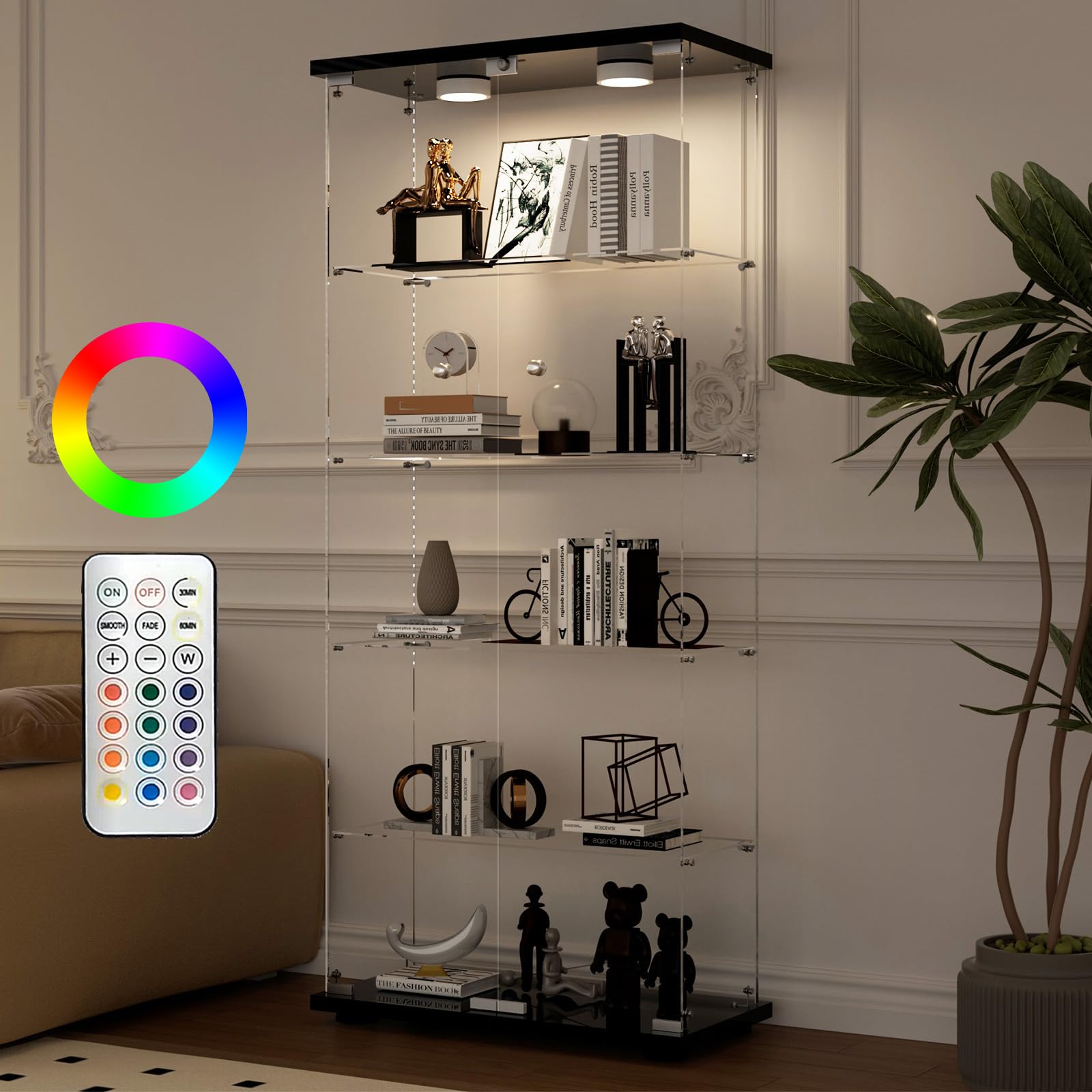 Aplancee Glasvitrine mit LED, 5 Ebenen und 2 Türen, 188x36x80 cm, Schwarz