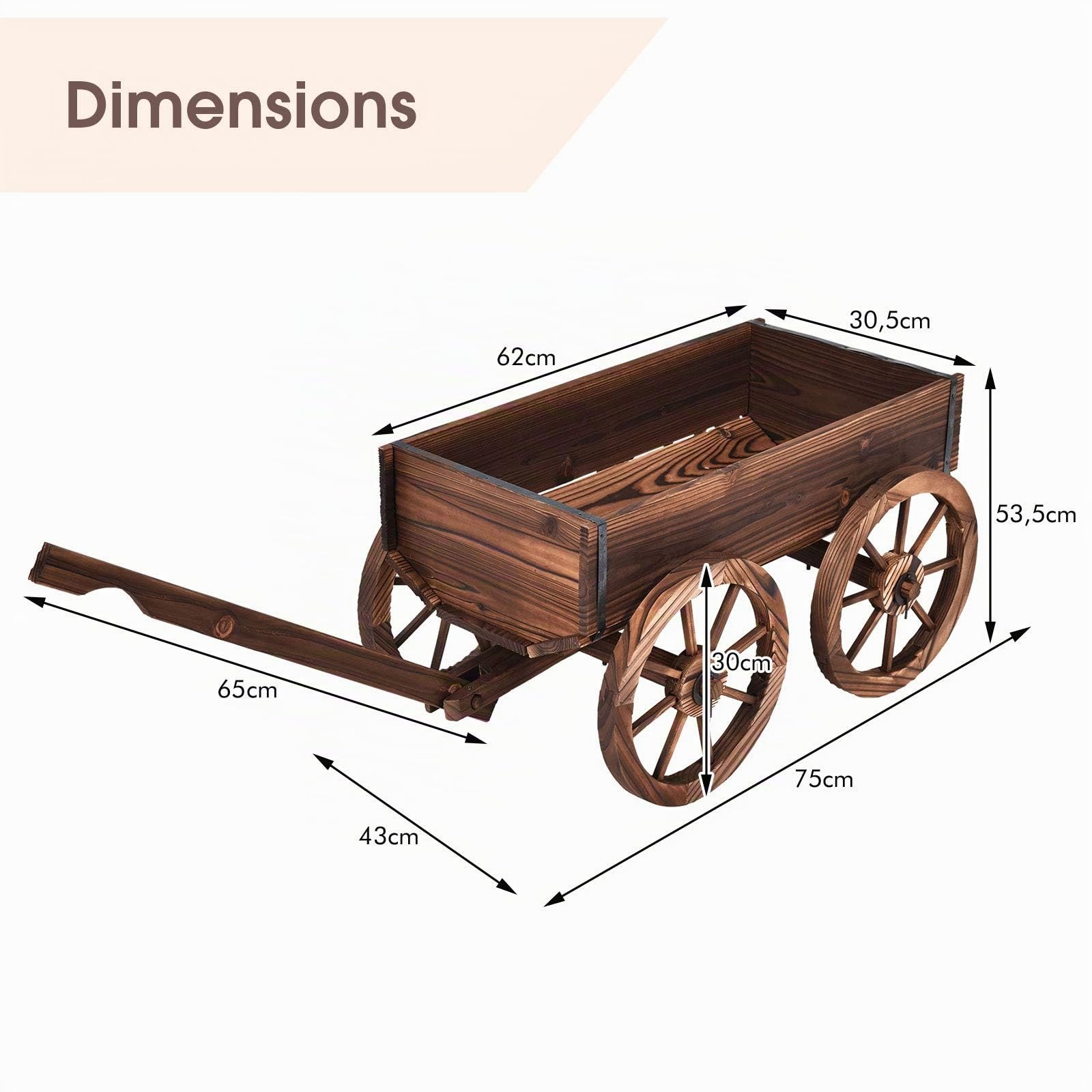 GIANTEX Brouette Fleurs en Bois de Sapin, Jardiniere Brouette avec 4 Grands Roues, Longue Poignée Réglable, Idéal pour Jardinage Extérieur, 75 x 43 x 54 cm, Marron