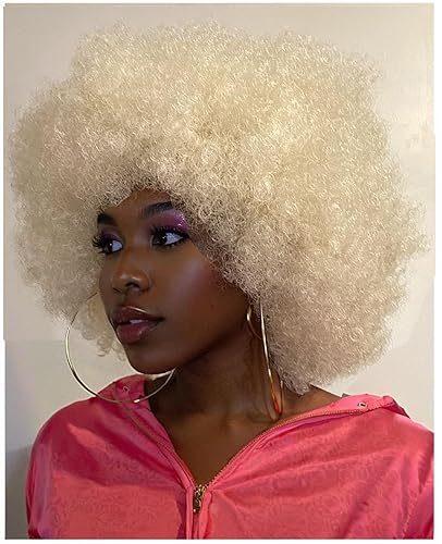 Peluca rizada de los años 70 para mujeres negras, peluca afro afro afro de aspecto grande, flexible, esponjosa y suave, 8 pulgadas (rubio platino)