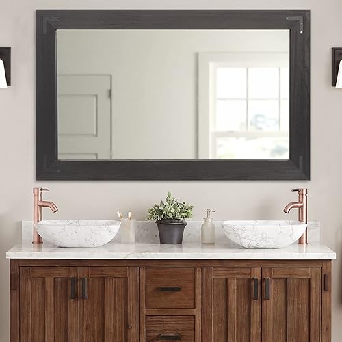 YOSHOOT Rustic Wooden Framed Wall Mirror, Natural Wood Bathroom Vanity Mirror for Farmhouse Decor, Vertical or Horizontal Hanging (40" x 26", Black)
