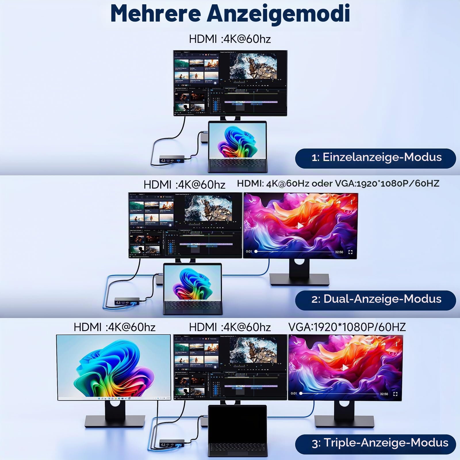 Microsoft Surface Thunderbolt 4 Dock mit 100W Schnellladung– 12-in-1 Surface Dockingstation für 3 Monitore (Dual 4K HDMI + VGA),5Gbps USB-C & Gigabit Ethernet–für Surface Pro 11/10/9/8/7,Laptop,Studio
