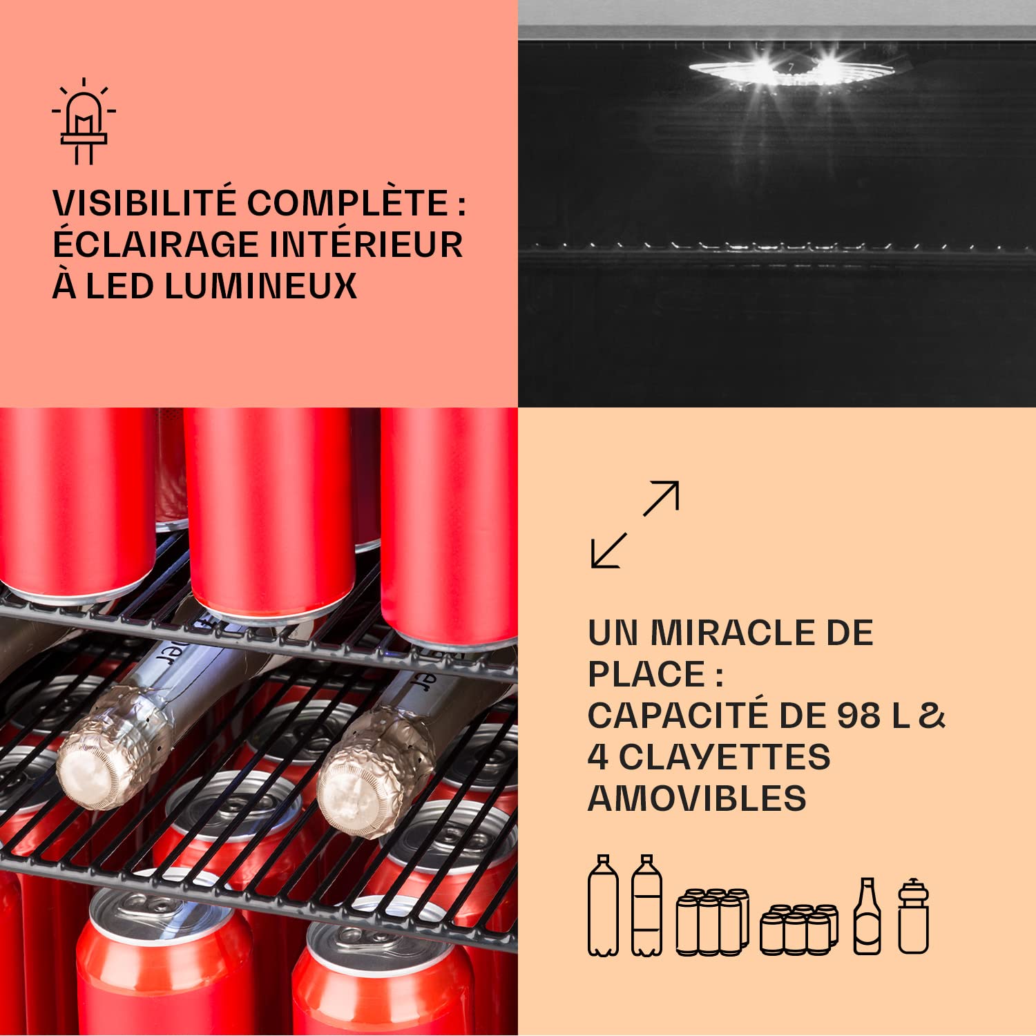 KLARSTEIN Beersafe Réfrigérateur à Boissons 98 L – Frigo avec Porte Vitrée, Noir | Éclairage LED, étagères métalliques amovibles, silencieux, pour boissons et canettes