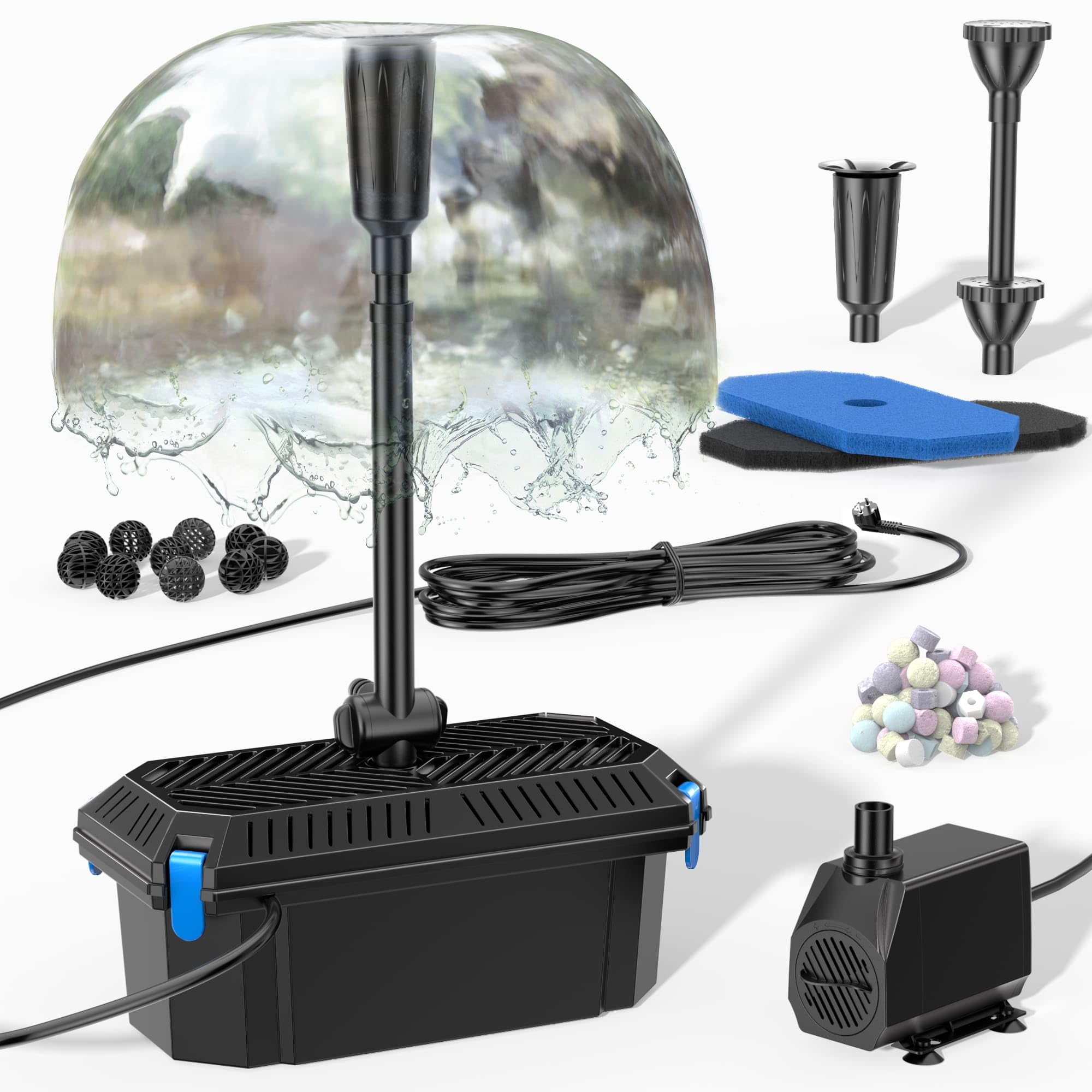 Biling Bomba de Filtración para Estanques con 40 W y 2500 l/h, 3 Cabezales de Pulverización y Válvula de Control de Caudal para Estanques de Jardín y Fuentes de hasta 4000 l