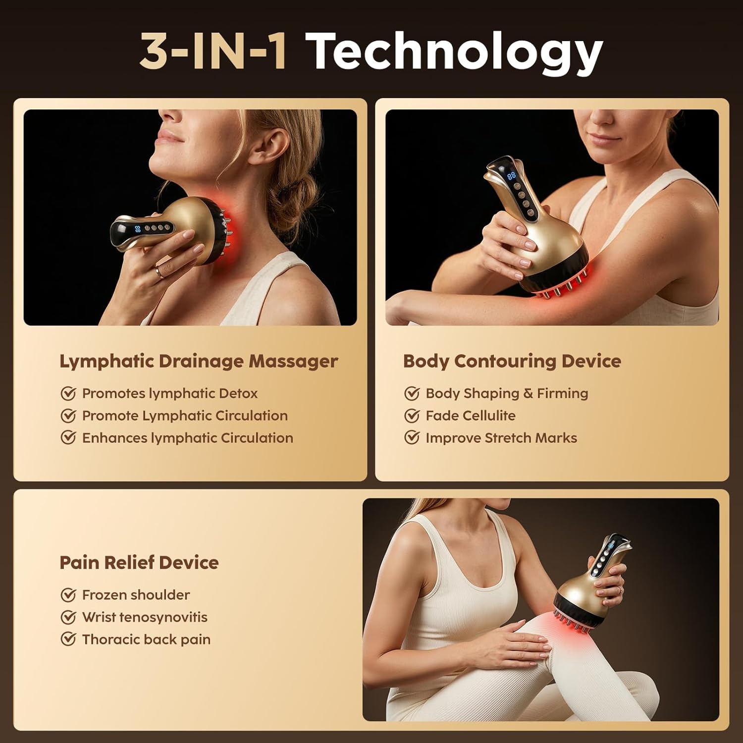 Lymphatic Drainage Massager & Anti-Cellulite Massage Tool, Body Sculpting Device for Legs, Arms & Stomach, Supports Smoother Skin, with Gentle Warming & Vibration - Gold
