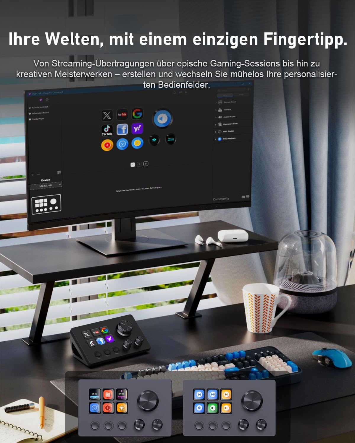 Basicolor N3 Stream Controller Deck con 6 tasti macro LCD, 3 pulsanti e 3 manopole - Tastiera programmabile per streaming (YouTube, OBS, Twitch), Creazione, Produttività (Office) e Gaming (Mac/PC)