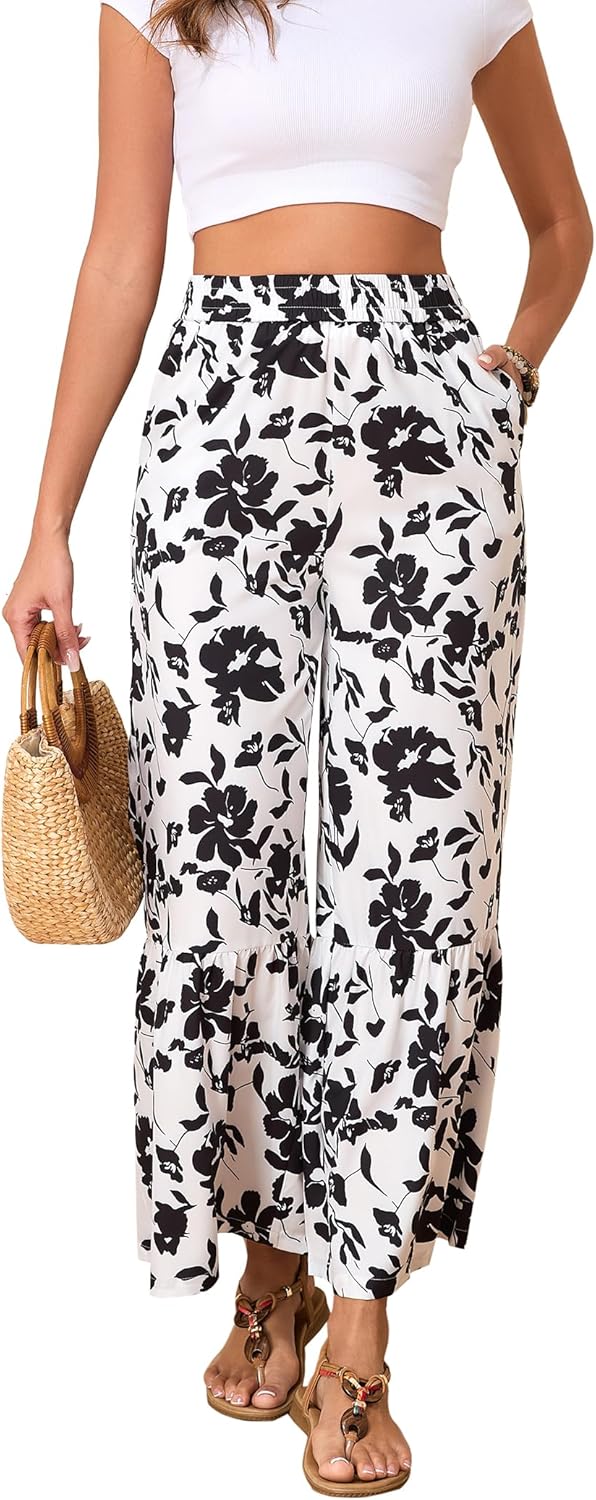 Palazzo Pants for Women Summer Beach Elastic Waisted Trousers with Pockets Wide Leg Loose Fit Pants Black Floral L
