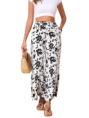 Palazzo Pants for Women Summer Beach Elastic Waisted Trousers with Pockets Wide Leg Loose Fit Pants Black Floral