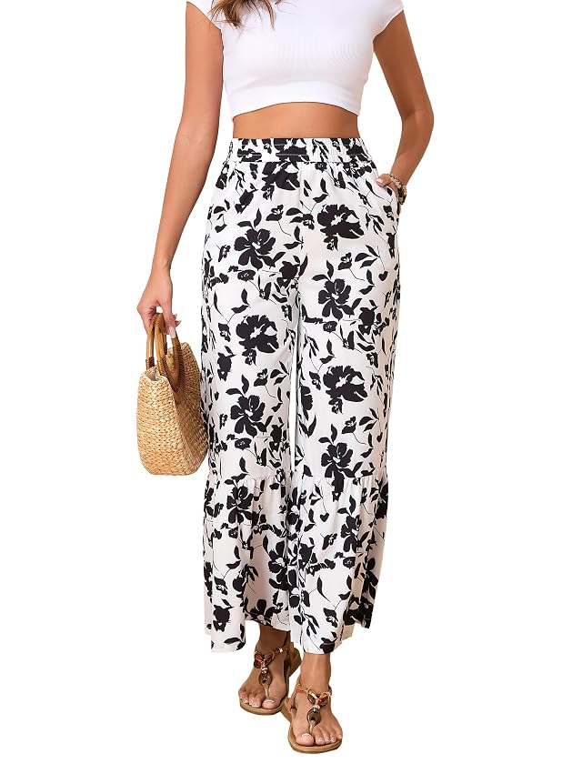 Palazzo Pants for Women Summer Beach Elastic Waisted Trousers with Pockets Wide Leg Loose Fit Pants Black Floral