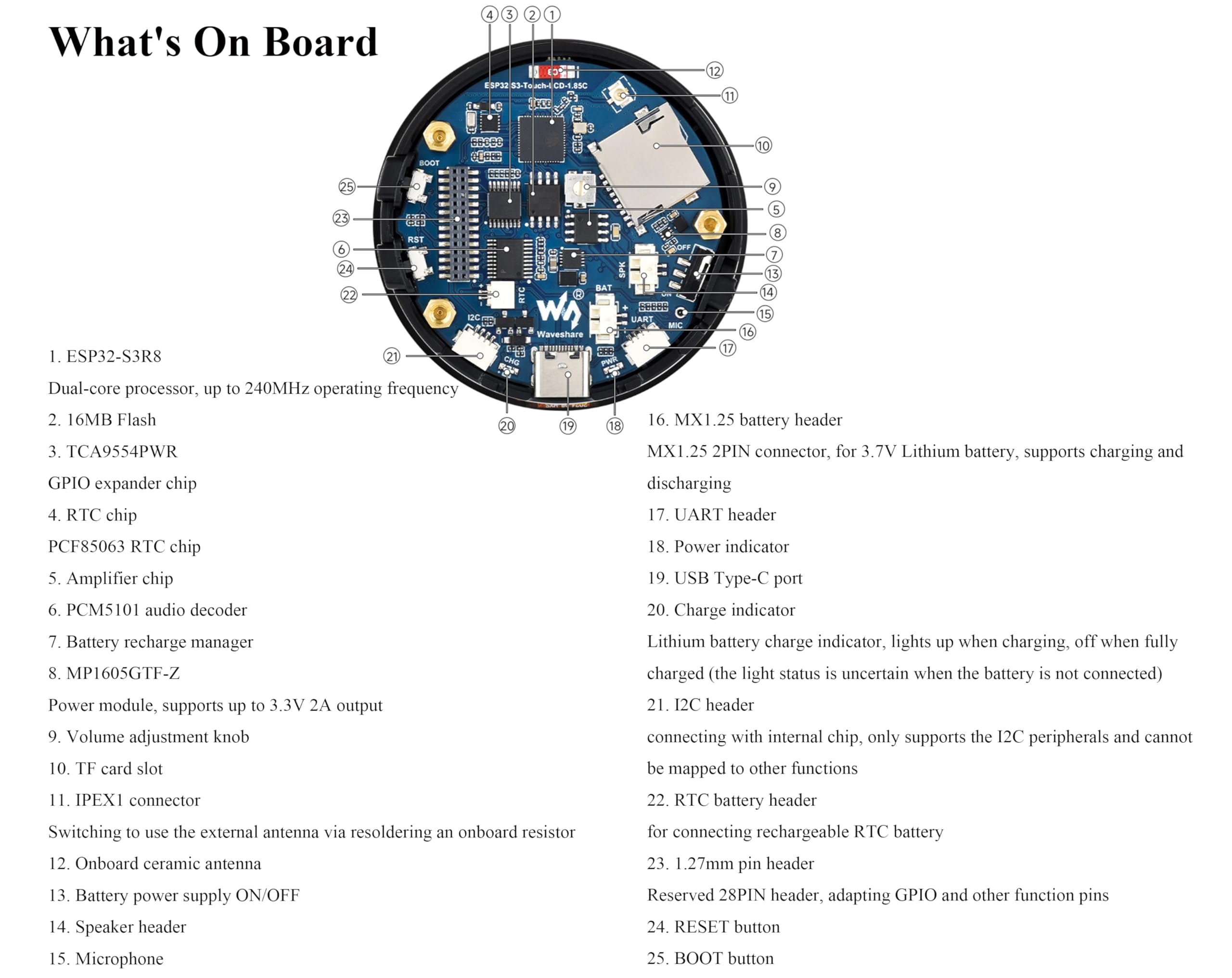 ESP32-S3 1.85inch Round Touch LCD Development Board, 360x360, Supports Wi-Fi & BLE 5, AI Speech, Smart Speaker Box, Support AI Interaction and Offline Voice Control, with Speaker Box