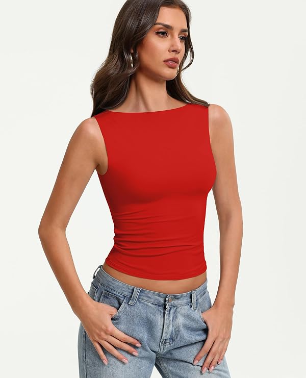 Avidlove Boat Neck Tops for Women Seamless Double Lined Going Out Cute Tank Basic Fitted Summer Classy Tops Red by Avidlove - Image 2