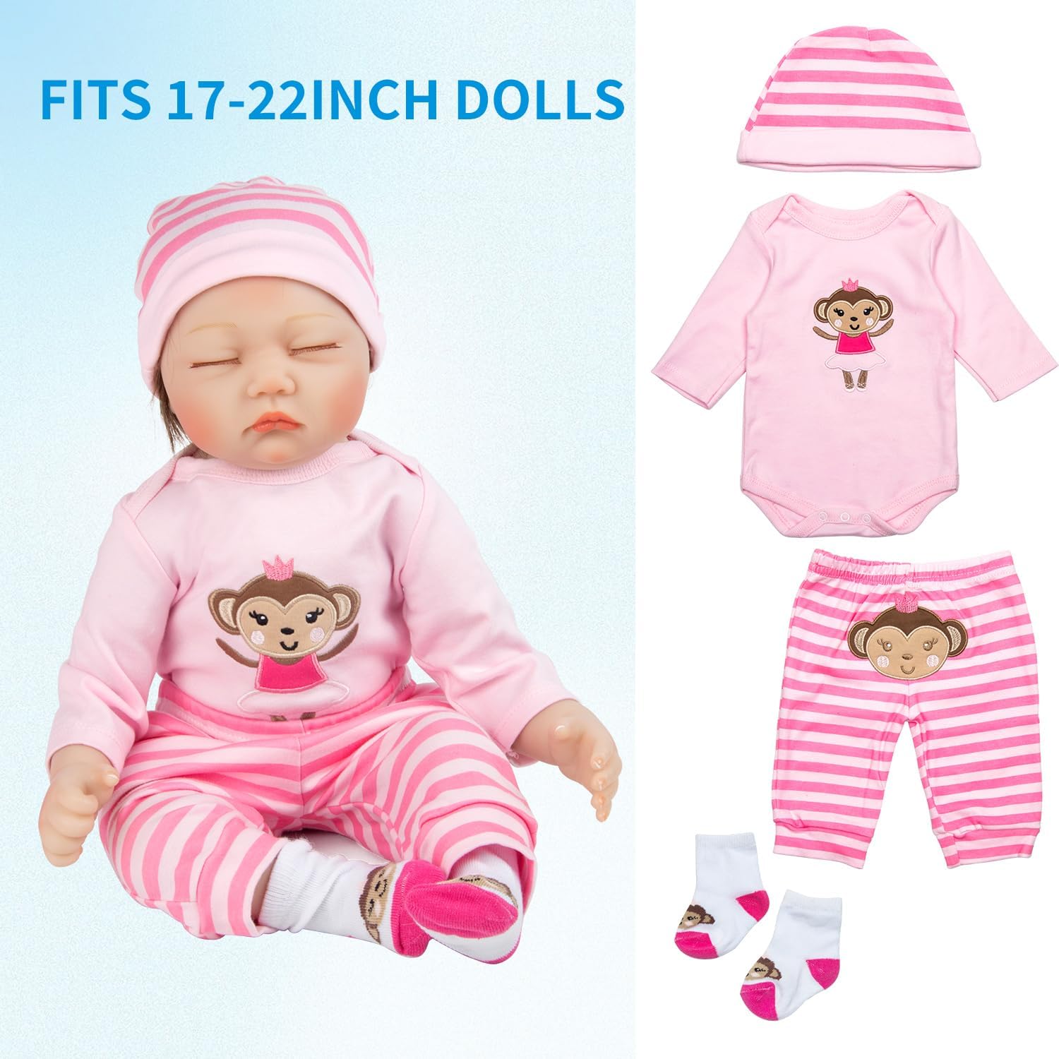 8 Pcs Reborn Baby Doll Clothes with Backpack for 17-22 Inch Baby Doll Girl Pink Outfits Reborn Dolls Accessories