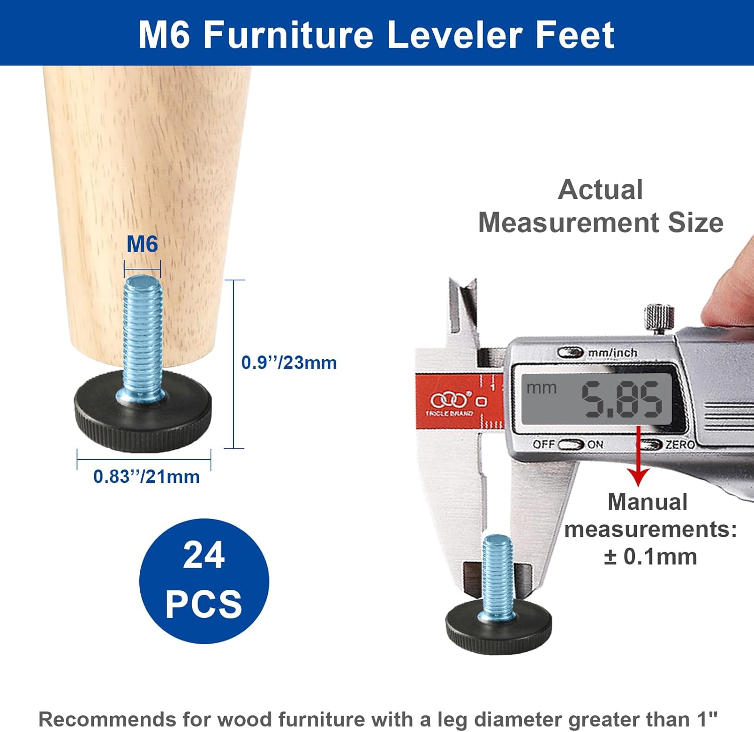 WAFJAMF 24 PCS M6 Thread Adjustable Furniture Levelers Screw in Threaded, Adjustable Levelers Feet Screw On Furniture Glide Leveling for Table, Chair, Furniture Legs (M6 Thread)