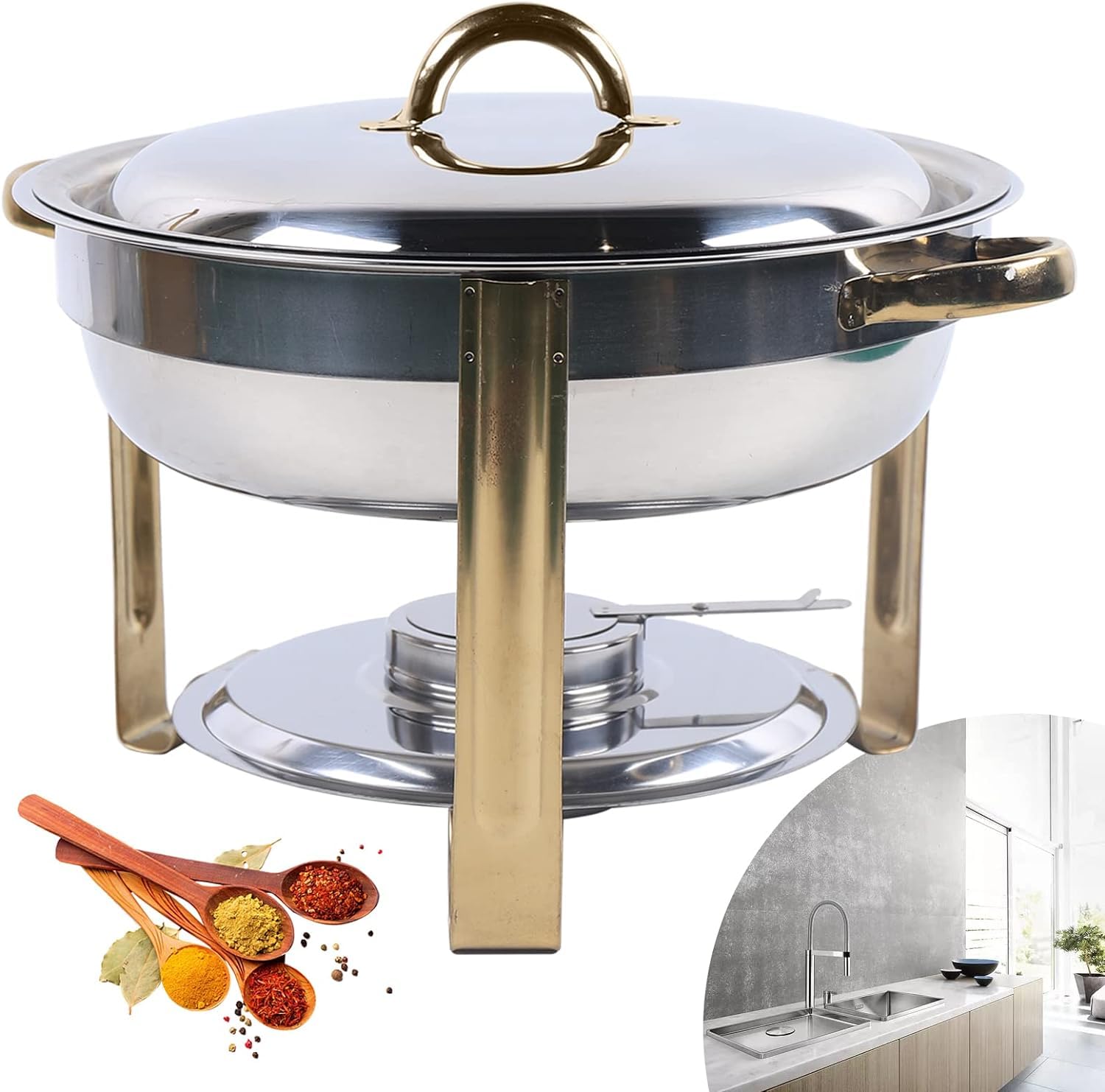 Calentador de Comida Redondo de Acero Inoxidable, Calentador de Alimentos Redondo de 4,5 litros, Calentador de Alimentos Plegable, para Buffet, Catering, gastronomía y Fiestas,A