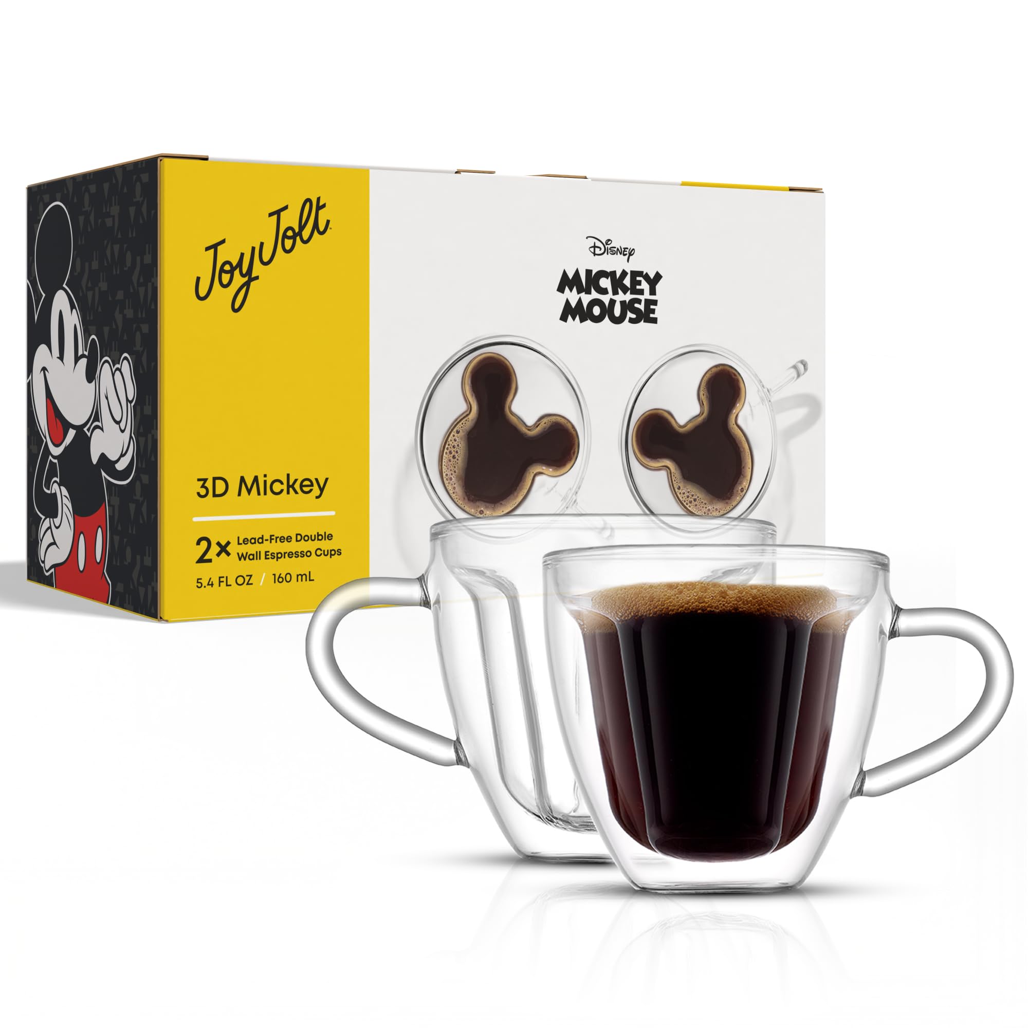 JoyJolt JoyJolt, set di 2 tazze da caffè con motivo di Topolino, 3D Disney, da 153 g, in vetro isolato, a doppia parete, con design e tazza, colore: Trasparente