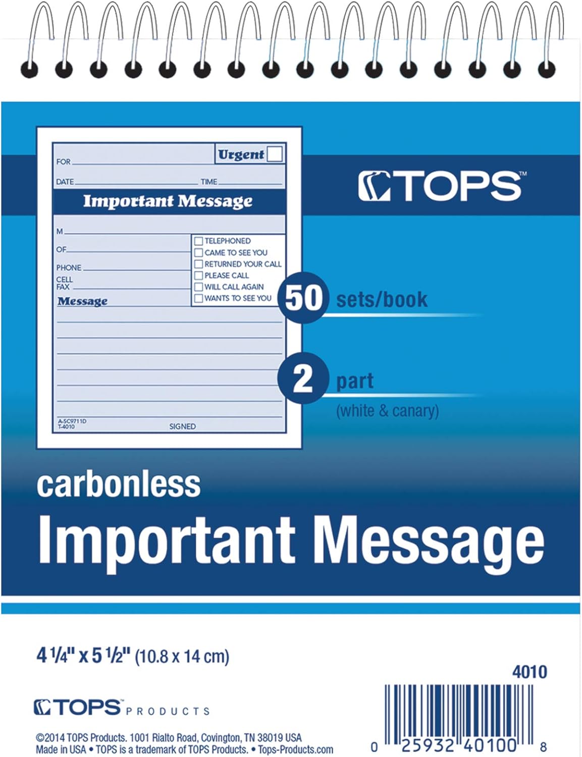 TOPS 2Part Carbonless Phone Message Book, 4.25 x 6 Inches, Top Spiral