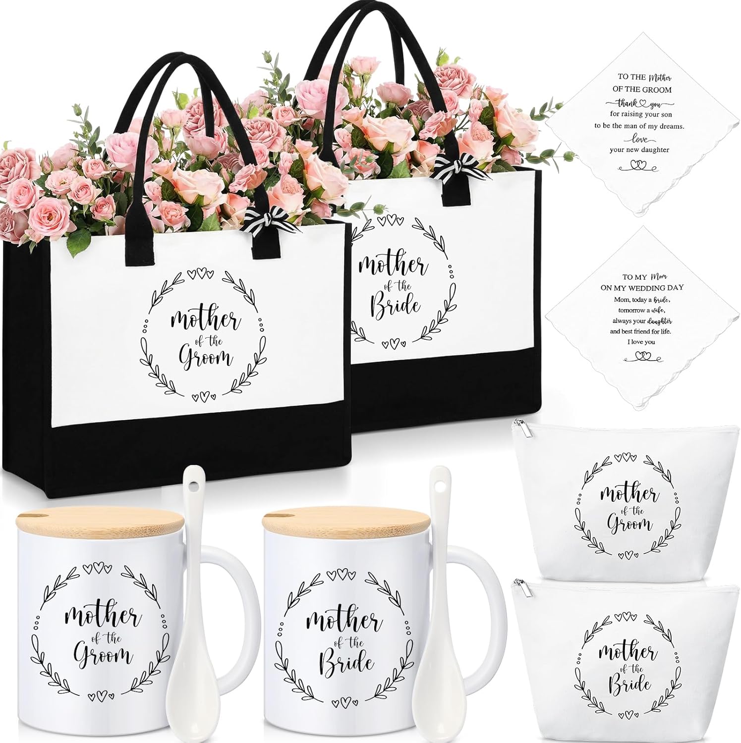2 Sets Mother of the Bride Groom Wedding Gifts Set Includes Black White Canvas Tote Bag Makeup Bag Mug Cup Gifts to Mom Embroidered Handkerchief Presents for Women Wedding Bridal Shower