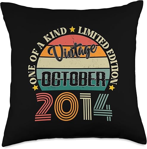 Vintage Birthday Retro Limited Edition Retro Gifts 10 Year Old Vintage October 2014 10th Birthday Retro Throw Pillow, 18x18, Multicolor