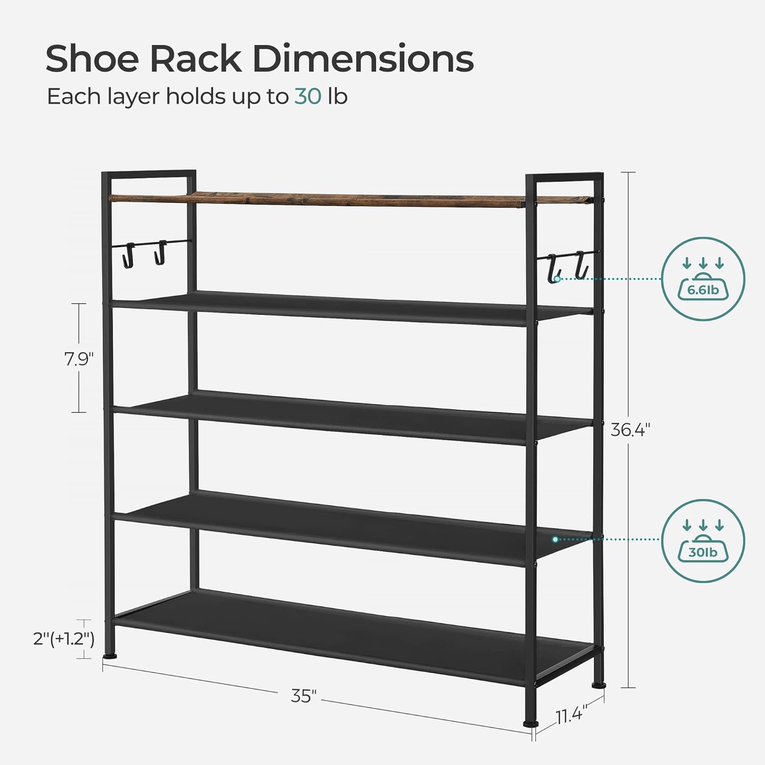 SONGMICS Shoe Rack, 5 Tier Shoe Storage Organizer, Large Shoe Rack Shelf for Closet Entryway, Sturdy Shoe Stand for 20-25 Pairs with 4 Hooks, Adjustable Feet, Fabric Shelves, Not Wooden Top