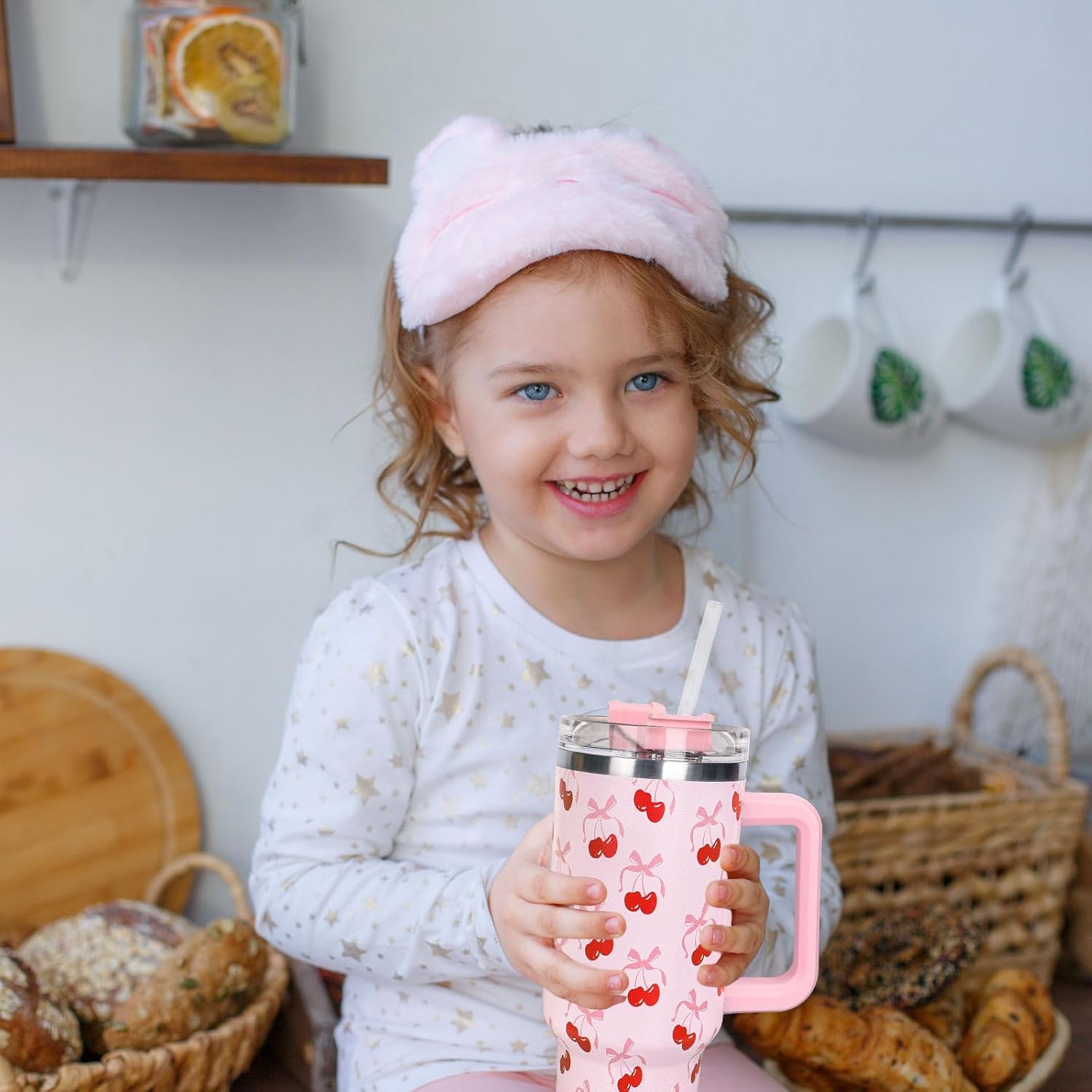 Whaline 40oz Pink Bow Cherry Tumbler with Handle Straw and Lid Coquette Bowknot Cherries Travel Tumbler Coffee Cup for Women Friend Holiday Birthday - Image 7