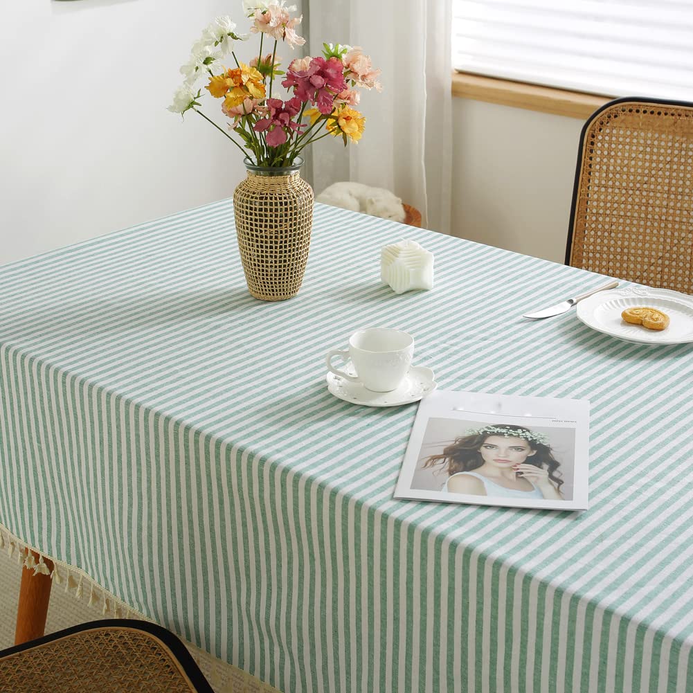 meioro Tablecloths Striped Tassel Table Cloth Rectangular Tablecloth Cotton Linen Table Cover Suitable for Home Kitchen Decoration (Green/White Stripes,140×250cm) - Image 3