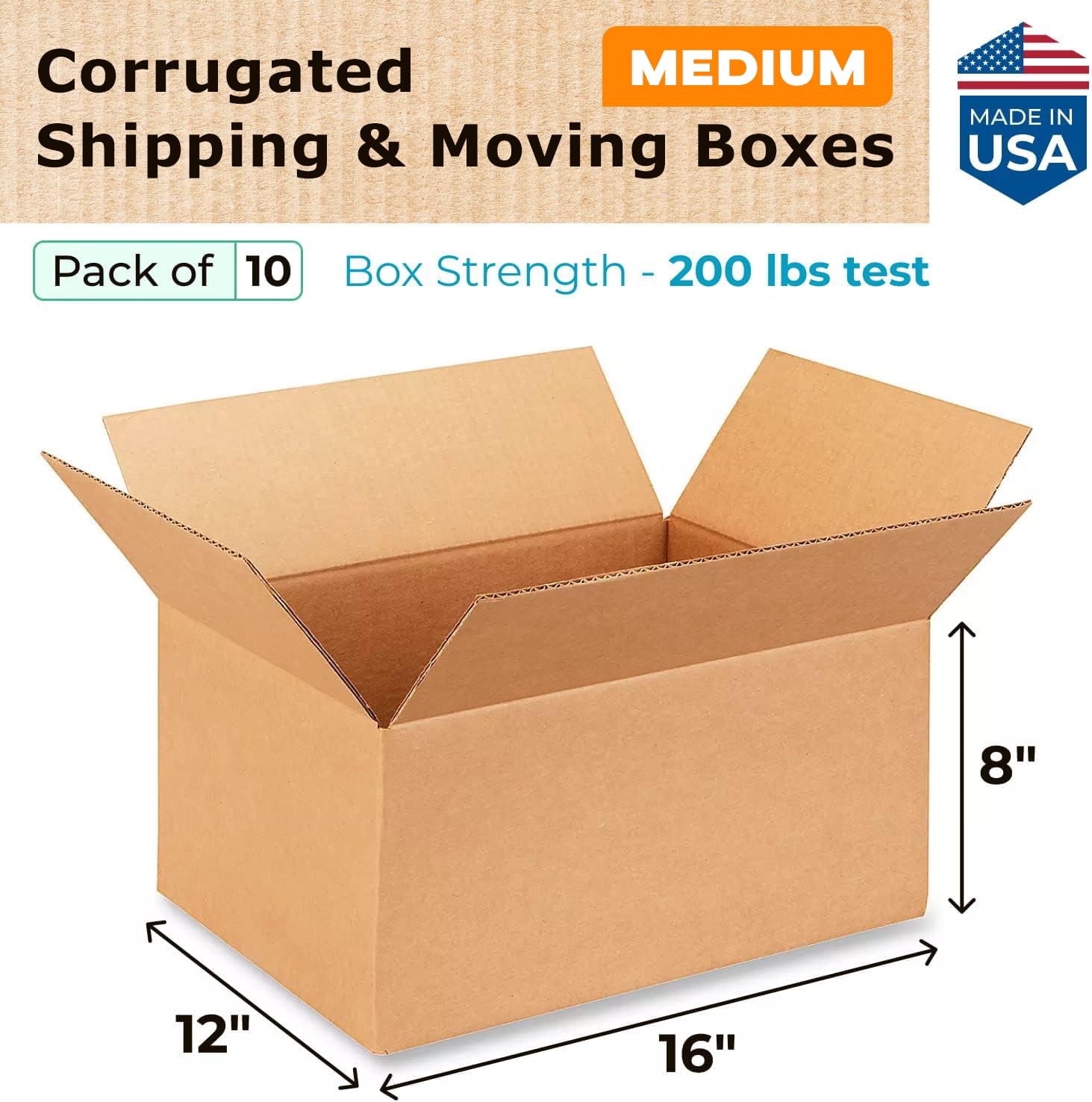 Medium Shipping & Moving Boxes 16x12x8 inches (10-Pack) - Extra Strength 200 lb vs Regular - USA-Made Corrugated Boxes for Packaging Moving and Delivering - Package Box - Carton Box by IDL Packaging