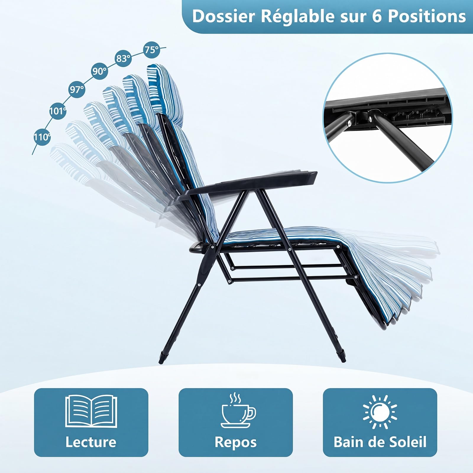 COSTWAY Chaise Longue Pliante Jardin, Bain de Soleil Pliable, Dossier Réglable 6 Positions, Coussin Rembourré, Accoudoirs, Patins Antidérapants, Transat pour Camping Piscine, Charge 150 kg