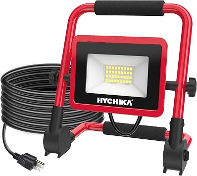 HYCHIKA 30W LED Work Light, 3500 Lumen Brightness Portable Flood Light with Stand, 6.6 ft Cord for Outdoor/Indoor LED, Car Repair