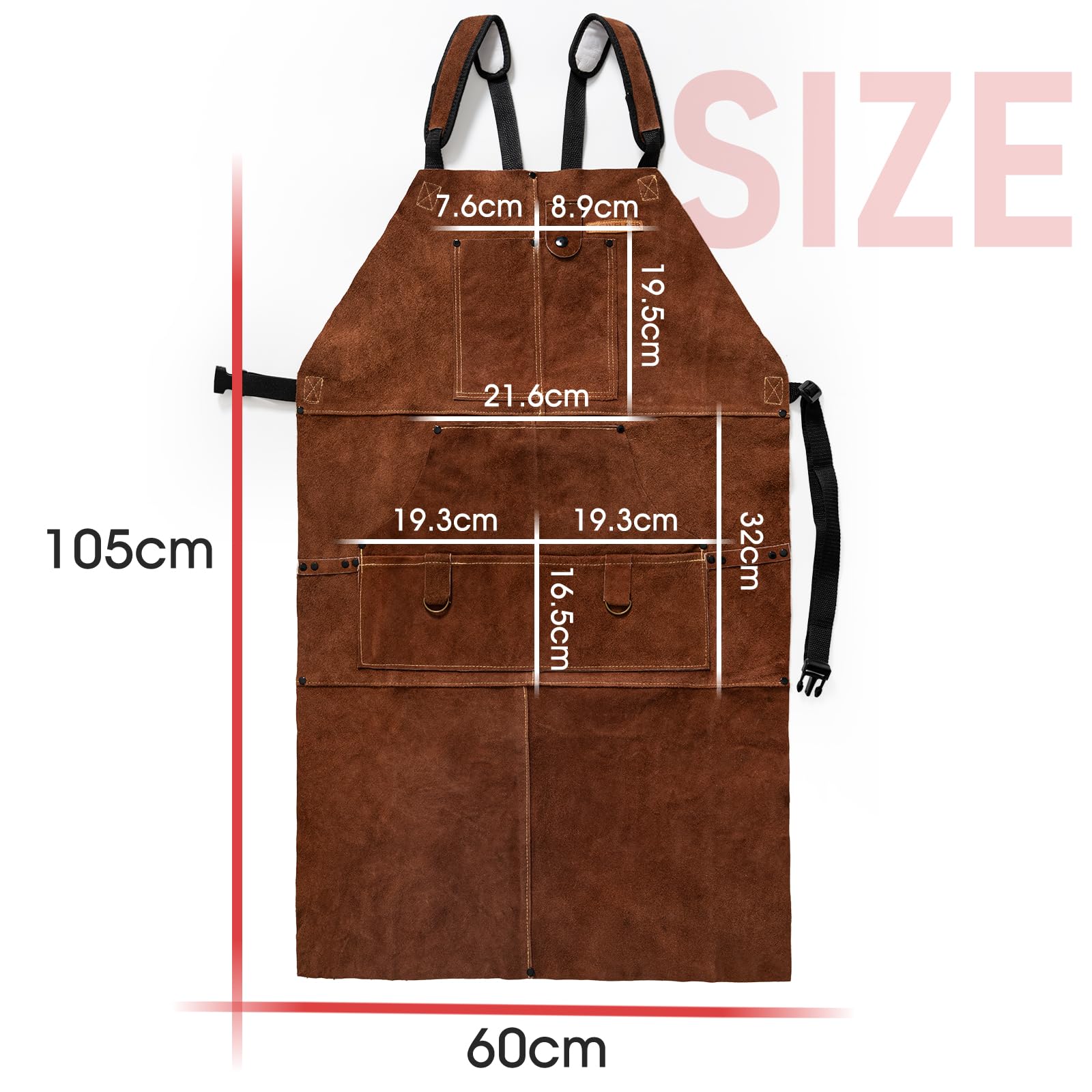 YESWELDER Grembiule da saldatura in pelle con 6 tasche Grembiule da saldatore in pelle bovina resistente al calore e alla fiamma, regolabile per saldatori, uomini e donne, lunghezza 1 m