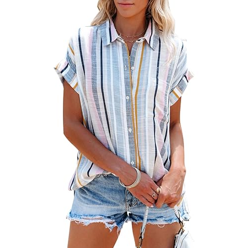 SySea Womens Short Sleeve Striped Shirts Casual Button Down V Neck Work Blouses Tops