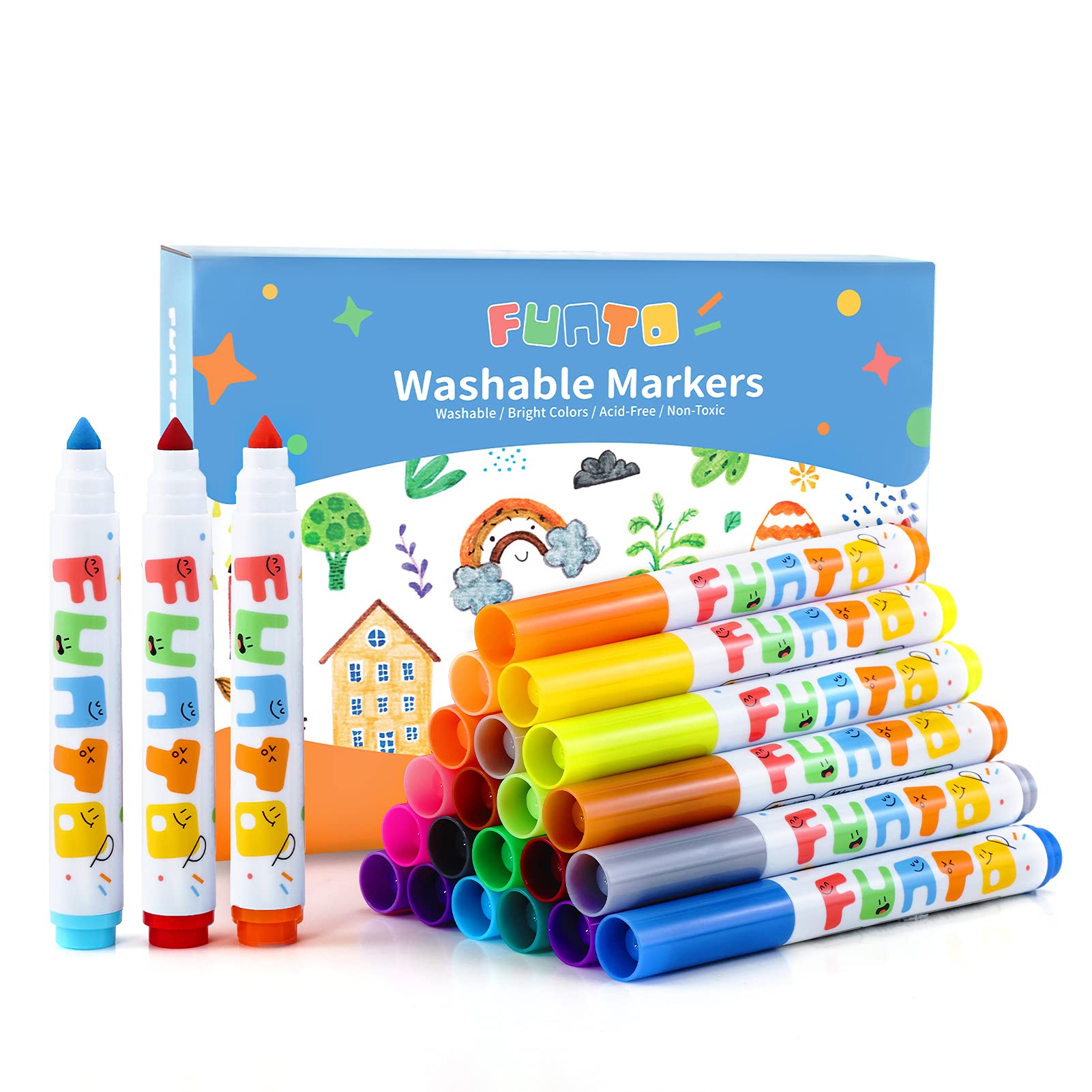 Funto Washable Markers, Markers for Kids, 24 Assorted Colours, Mess Free Colouring Drawing Markers, Perfect for Halloween Colouring Pages, Homeschool Art Supplies, Safe and Non-Toxic for Toddlers