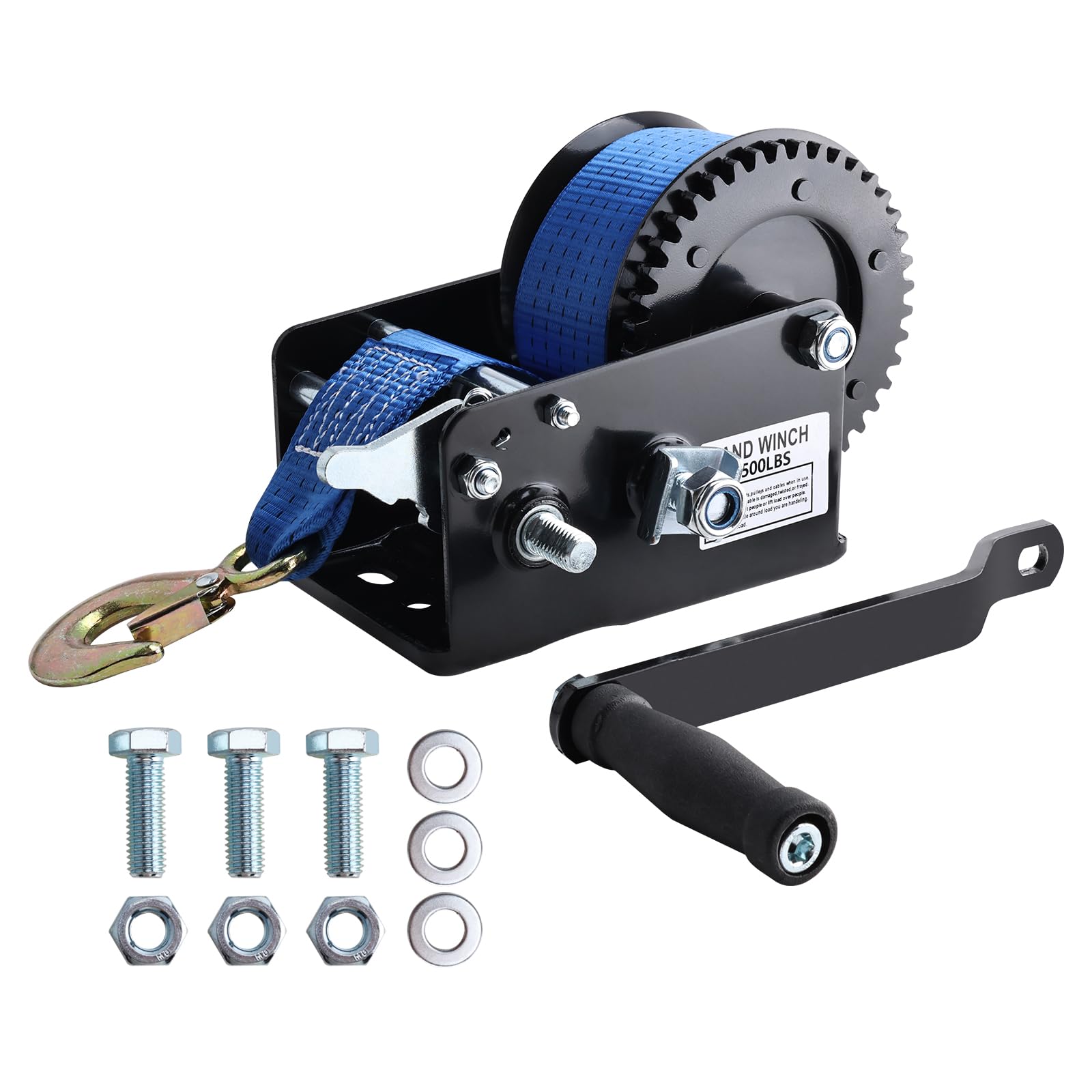 FreeTec Verricello manuale da 3500 lbs | Cinghia di sollevamento in poliestere da 10 m (50 mm) | Cambio a 2 marce per barche e camion