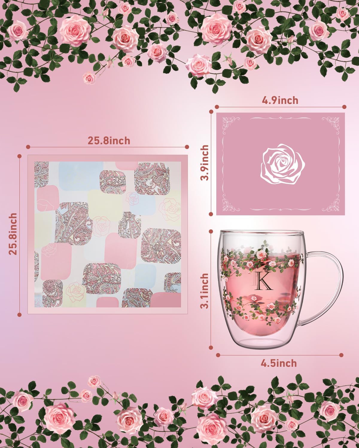 Initial Glass Cup for Women, 12oz Rose Double Walled Glass Coffee Mugs, Personalized Gifts for Women, Initial Coffee Tea Mug with Scarf, Birthday Wedding Gifts for Her Mom Teacher (ROSE-L) - Image 8