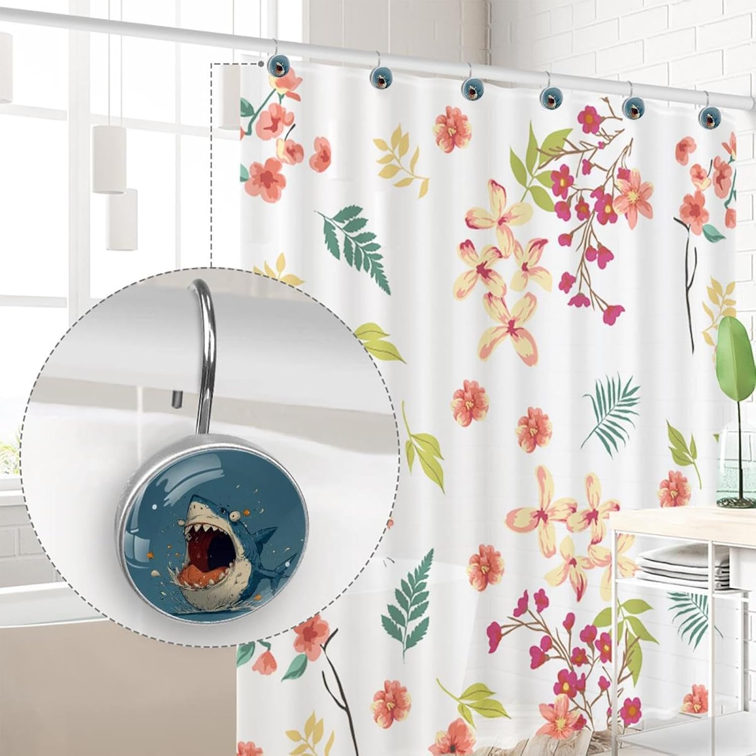 Shower Curtain Hooks, Home Decorative Funny Shark (2) Shower Curtain Rings for Bathroom, Rustproof Stainless Steel Shower Curtain Hangers Bathroom Accessories, Set of 12