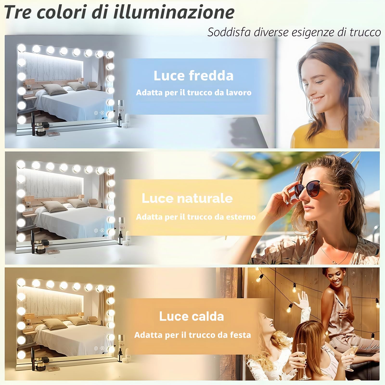 Hansong Hollywood - Specchio da 80 x 60 cm, con illuminazione e Bluetooth, 18 luci LED, 3 modalità a colori, specchio dimmerabile