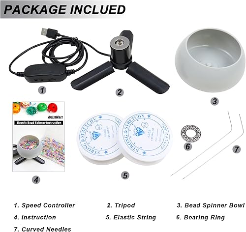 Miniatura 7 de Cuenco giratorio de cuentas eléctrico con cuentas de velocidad ajustable con agujas de cuentas curvas y cuerda elástica, kit giratorio de cuentas de