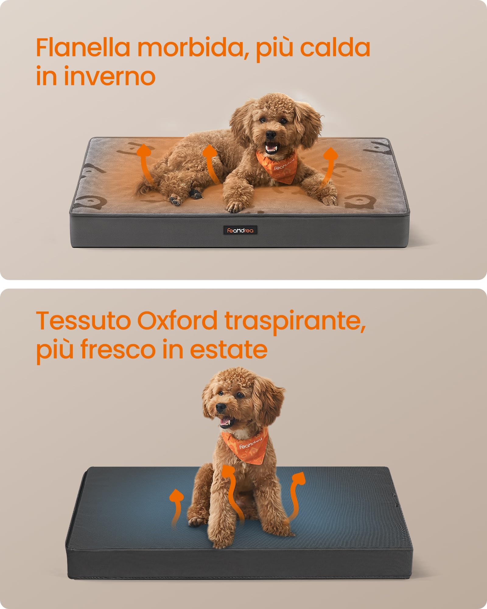 Feandrea Cuccia per Cani, Lettino per Animali, Gommapiuma Preformata Ondulata, con Maniglia, Sfoderabile, Uso a Doppio Lato, Impermeabile, Taglia M, 76 x 51 x 8 cm, Grigio Tortora PGW241G01