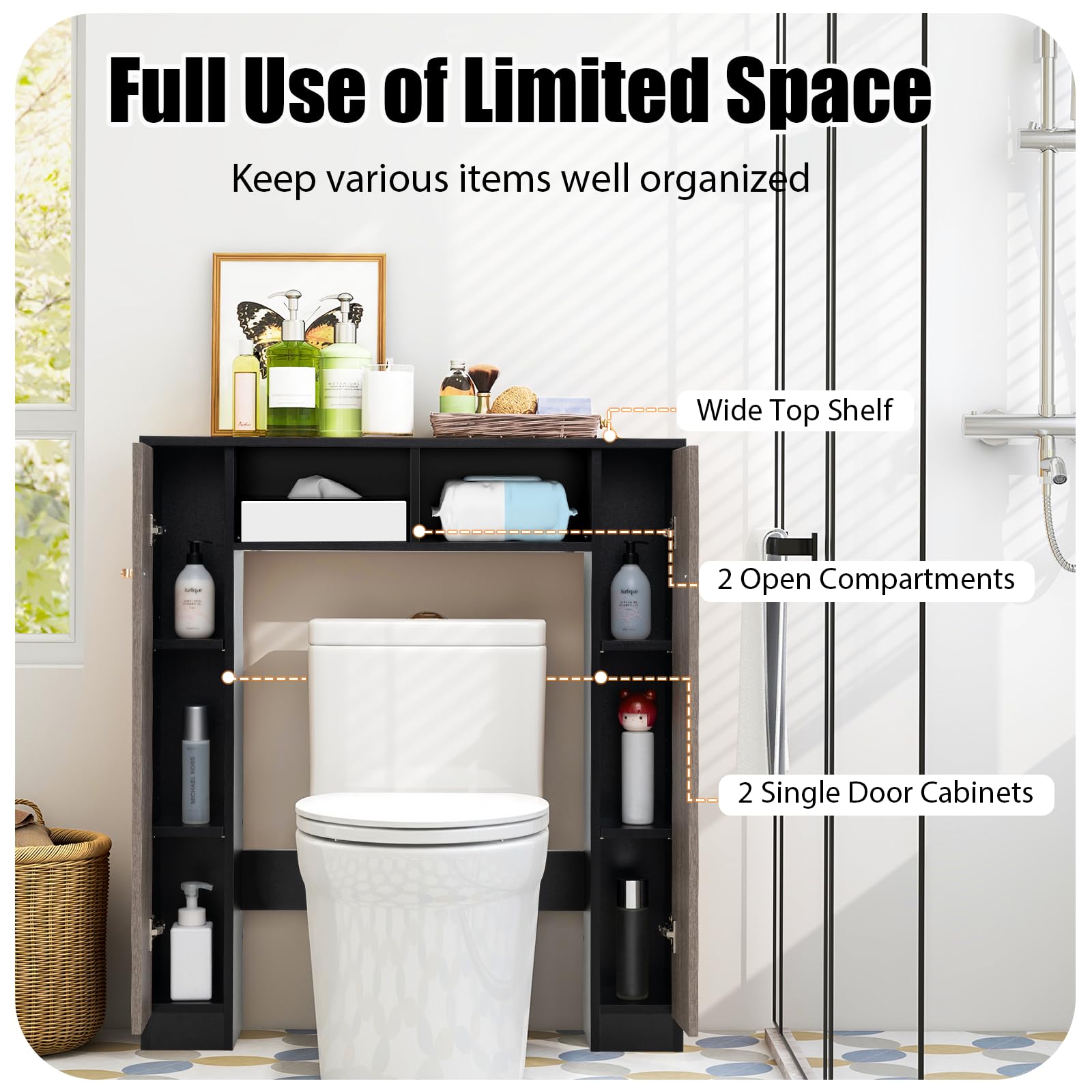 LIFEZEAL Armadietto WC con 2 ante e scomparti aperti, armadietto per WC da riporre sopra il WC, base per lavatrice a pavimento, 87,5 x 18 x 98 cm (grigio)