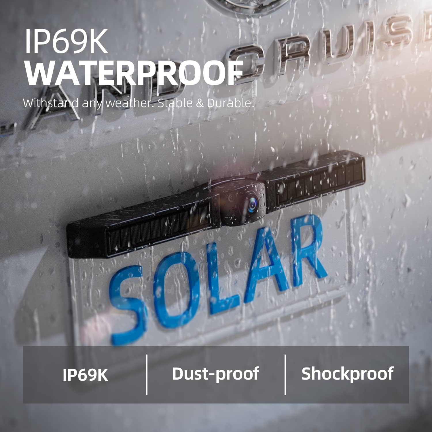 IP69K waterproof camera on a license plate in the rain