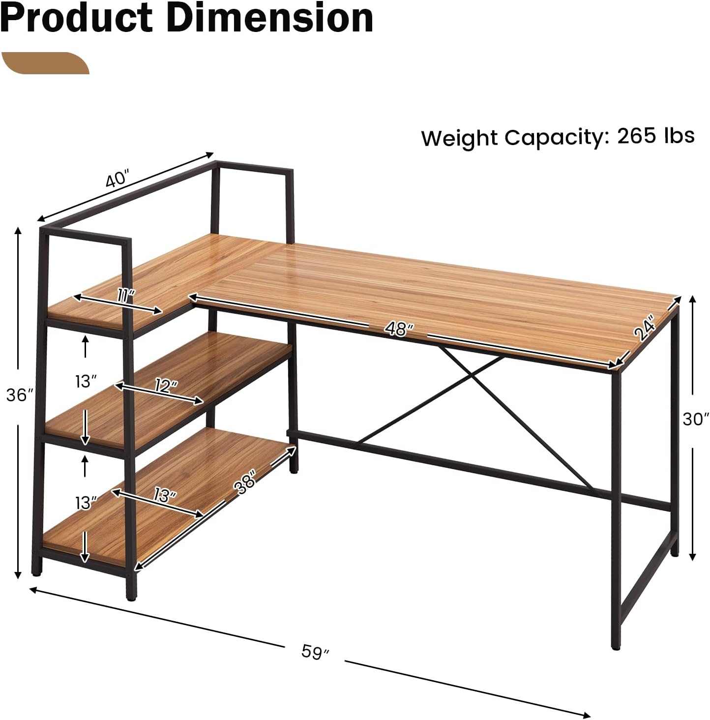 COSTWAY 59 Inch L-Shaped Computer Desk, Large Reversible Corner Desk with Open Storage Shelves, Space-Saving Writing Study Table PC Laptop Gaming Desk, for Home Office (Black + Walnut)