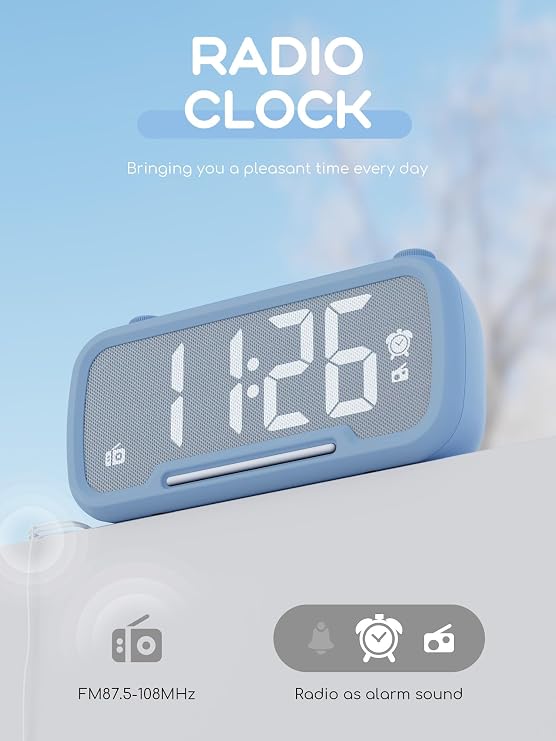 ROCAM Alarm Clock Radio for Bedrooms with Bluetooth Speaker, Auto-Off Timer, Dimmer, Battery Backup, Loud Alarm Clock for Heavy Sleepers with USB Ports Night