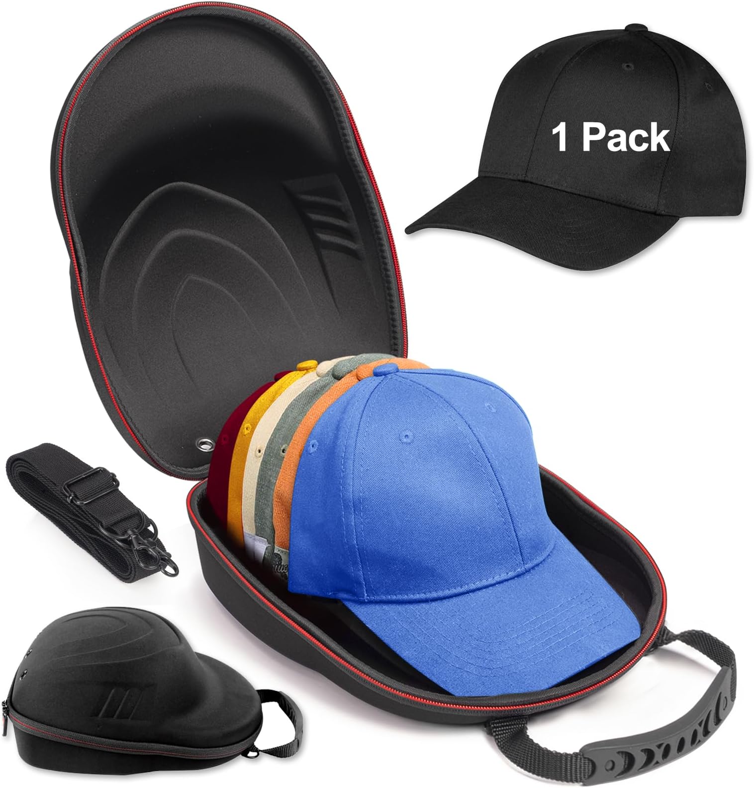 Hat Travel Case for Baseball Caps,Hard Hat Carrier Storage Case with 1 Pack Black Baseball Cap and Adjustable Shoulder Strap, Hat Organizer Holder Bag for 6 Baseball Caps for Men and Women - Black