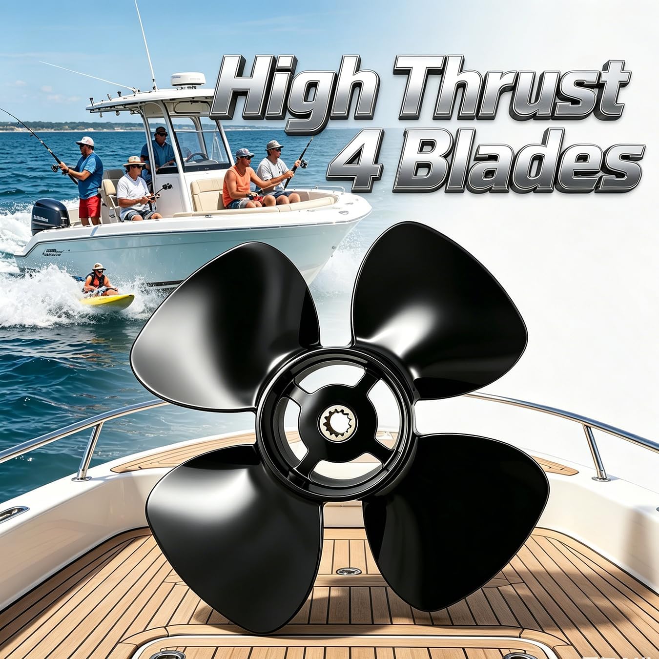 Boat Propeller High Thrust 10"x5" 10"x7" 10"x9" Pitch 13 Spline Tooth for BRP Johnson Evinrude OMC Stern Drive 8/9.9/15 HP Outboard Engines, 4-Blade Aluminum Boat Motor Props