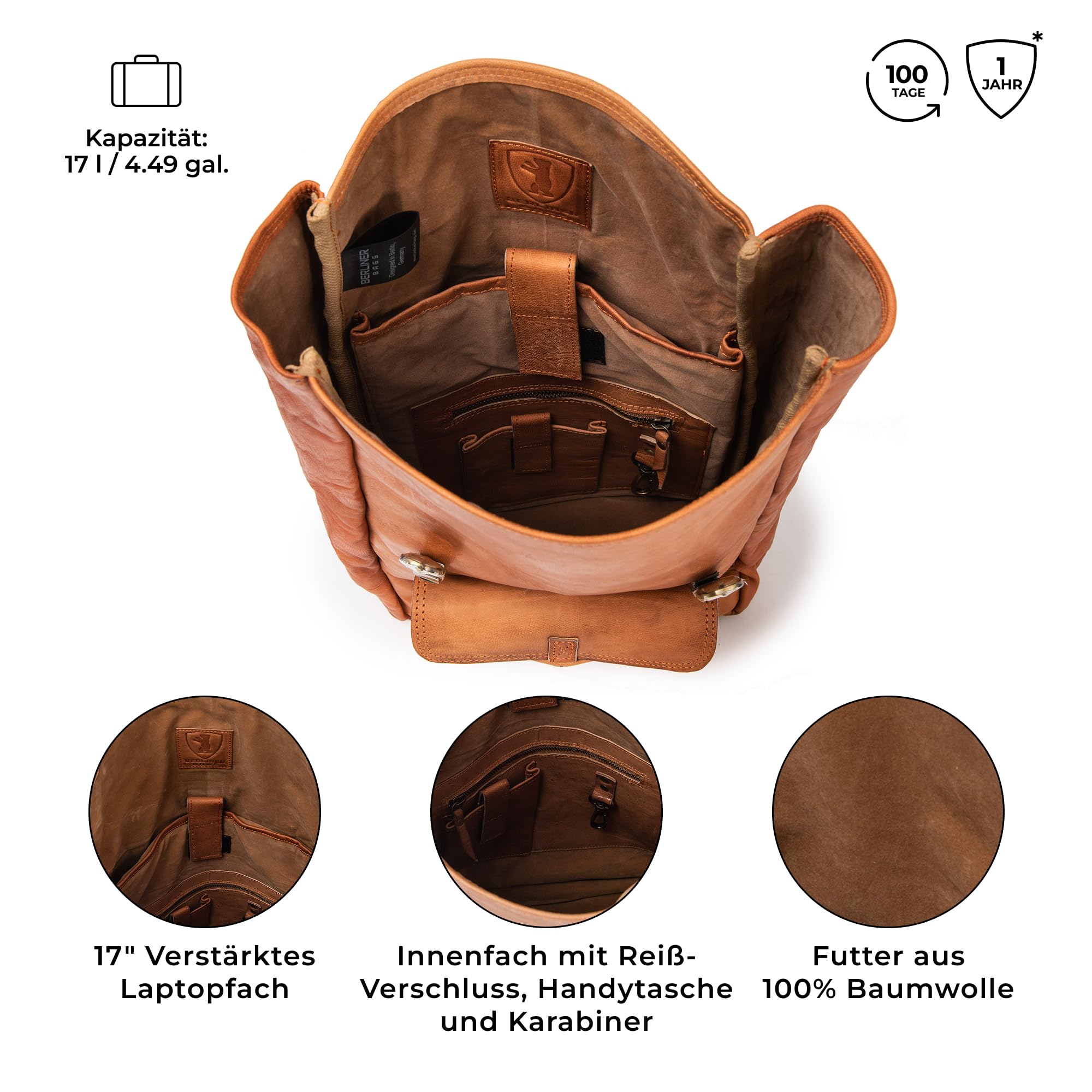 Berliner Bags Vintage Rucksack Leeds aus Leder, Fahrradrucksack mit Laptopfach für Damen und Herren
