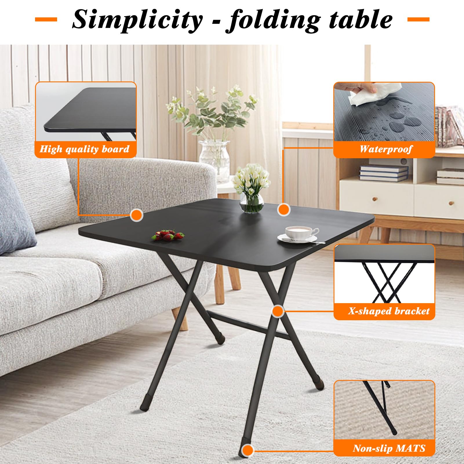 Table Carrée Pliante Noire 60x60cm - Hauteur 70cm - Idéale Salon, Balcon, Bureau Ou Extérieur - Pour 4 Personnes