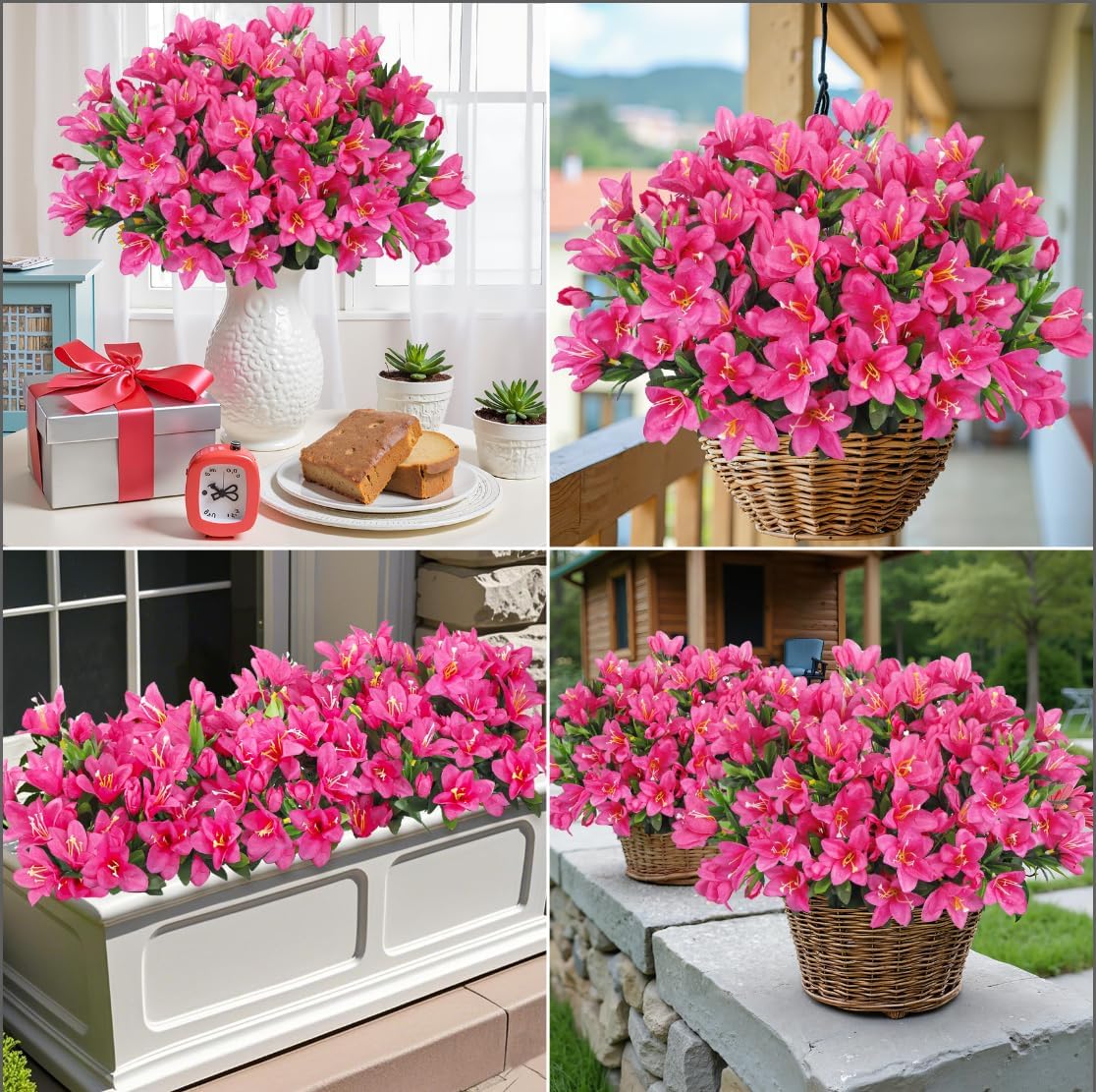 Ouddy Decor 8 Bundles Artificial Flowers for Outdoors, Fake Silk Flowers Azalea Plants UV Resistant for Summer Front Door Planter Garden Patio Window Box Balcony Walkway Home Decor, Fuchsia