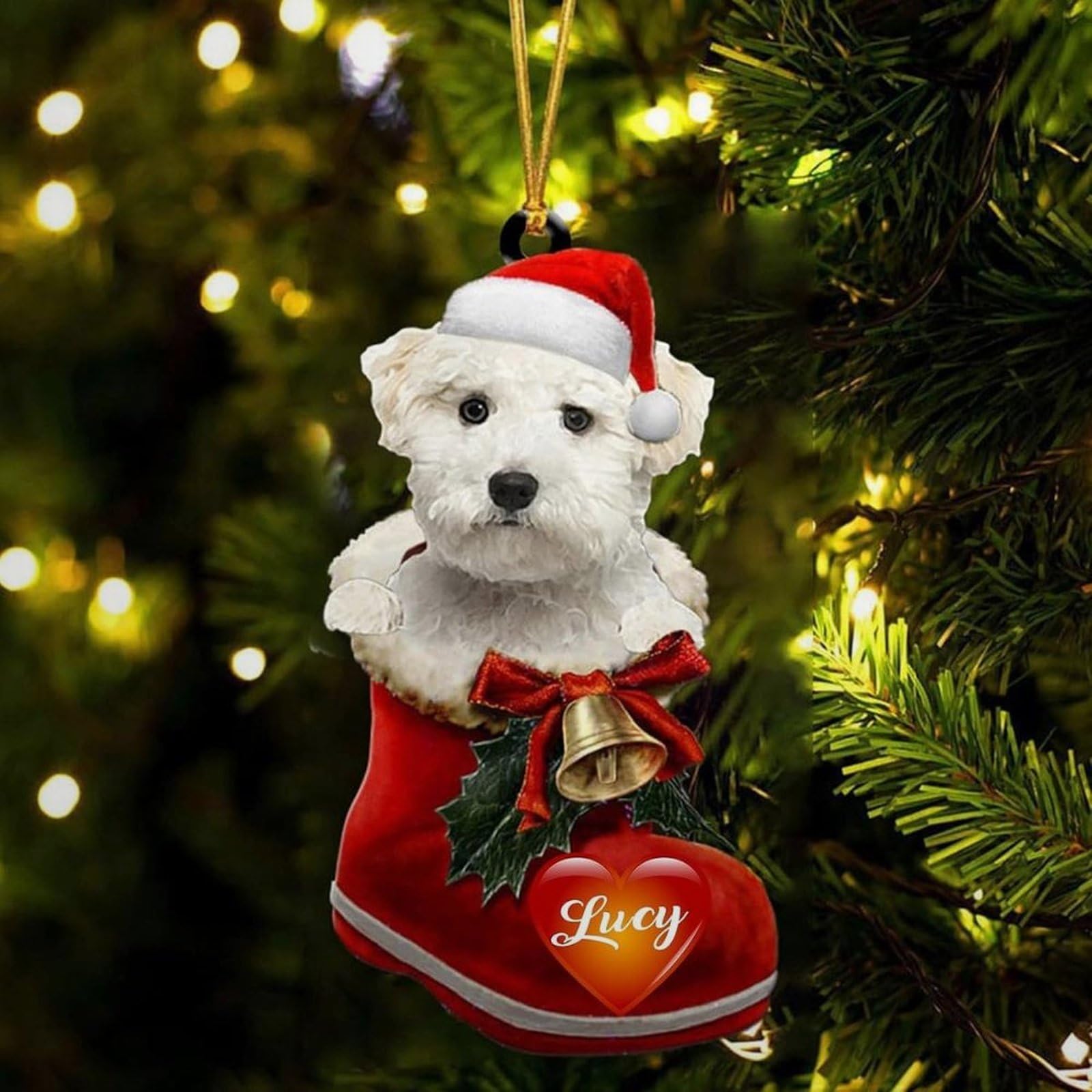 Luckluccy Maltese Dog In Santa Boot Christmas Ornament,Custom Dog Name Ornament,Gift For Dog Lover,Tree Hanging Décor,Xmas Gift,Personalized Christmas Dog Gift