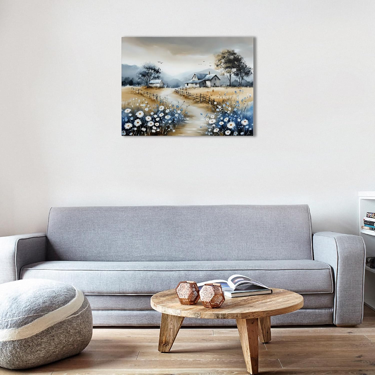 Rustic Farmhouse Canvas Wall Art Country Landscape with Daisies Painting, French Countryside Barn Print, Nature Mountain Scenery Wall Decor for Living Room, Bedroom, Bathroom Office (16''x24'')