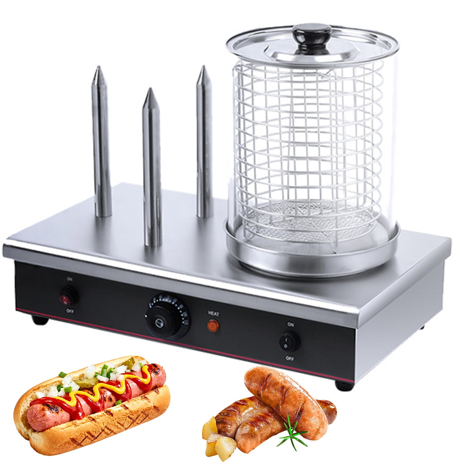 Calentador De Perritos Calientes Y Panes 2 En 1, Máquina Comercial De Vapor para Perritos Calientes De 700w/800w con 3/4 Varillas Tostadoras, Control De Temperatura, Máquina para Salchichas 3 Sticks