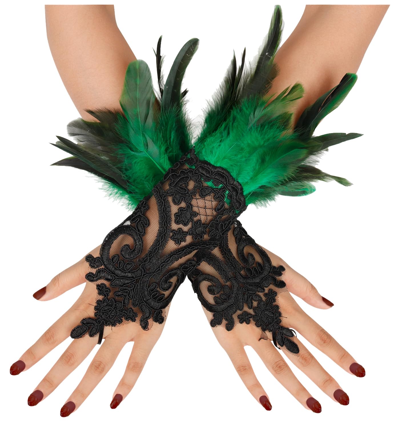 Keland Guantes Largos Negros de Plumas Para Mujeres - Disfraz de Maléfica, Vestidos de Fiesta de Halloween, Encaje Sin Dedos