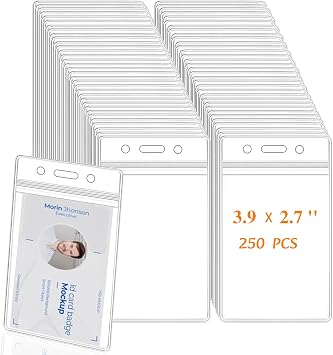 250 Pack Name ID Badge Holder-Plastic Badge Holder for Lanyard, Vertical Extra Thick 3.9" x 2.7" Waterproof Name tag Holder for School/Office/Hospital/Exhibition/Party/Cards Credit Card